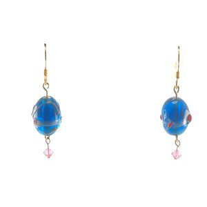 Handcrafted Blue Lampwork Glass Bead Earrings With Gold Hook & Pink Crystal Acce